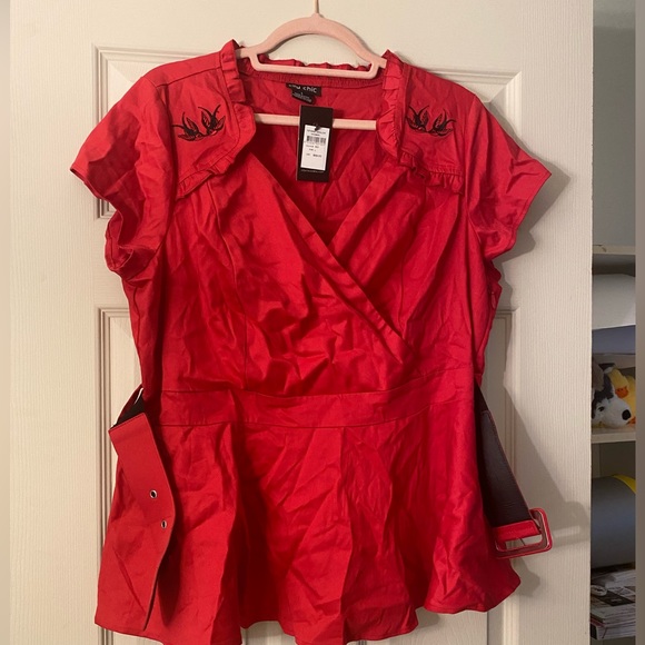 City Chic Plus Size Belted Peplum Rockabilly Top in Red/Black (Sweet Swallow) - Picture 6 of 9